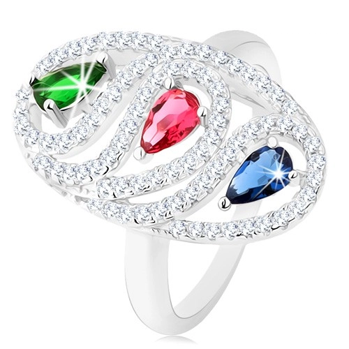 Stříbrný prsten 925, zirkonová oválná kontura, barevné broušené kapky - Velikost: 60