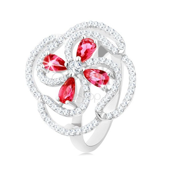 Prsten, stříbro 925, vypouklý květ z růžových zirkonových kapek a čirých linií