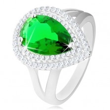 Stříbrný 925 prsten, zelená zirkonová slza, dvojitý blýskavý lem