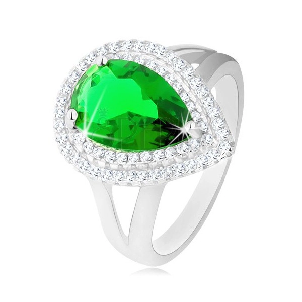 Stříbrný 925 prsten, zelená zirkonová slza, dvojitý blýskavý lem