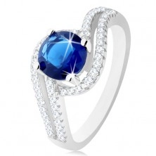 Stříbrný prsten 925, čiré dvojité vlnky, kulatý tmavě modrý zirkonek