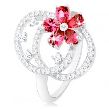 Prsten, stříbro 925, čiré zirkonové kontury dvou oválů, růžový kvítek