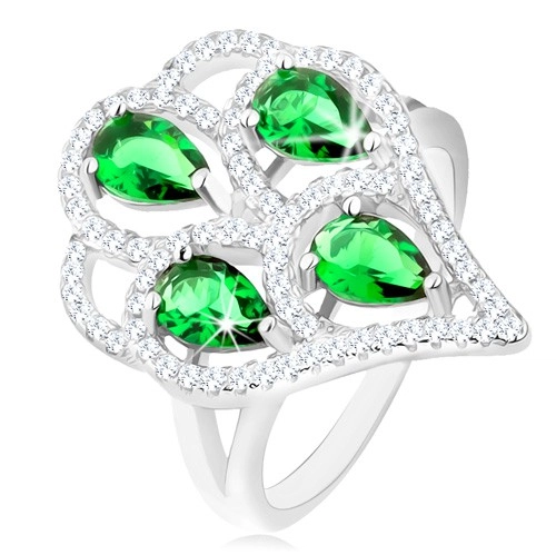 Stříbrný prsten 925, střapec ze zelených zirkonových slziček s čirým lemem - Velikost: 60