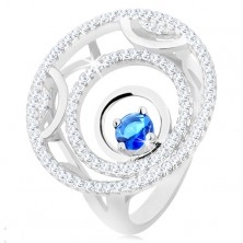 Prsten ze stříbra 925, tři kruhy, lesklé a třpytivé linie, kulatý modrý zirkon