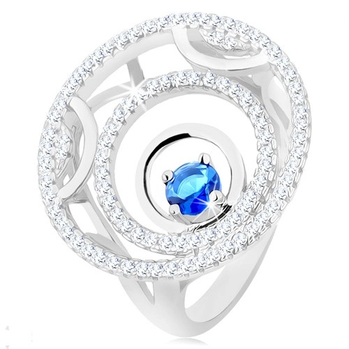 Prsten ze stříbra 925, tři kruhy, lesklé a třpytivé linie, kulatý modrý zirkon - Velikost: 55