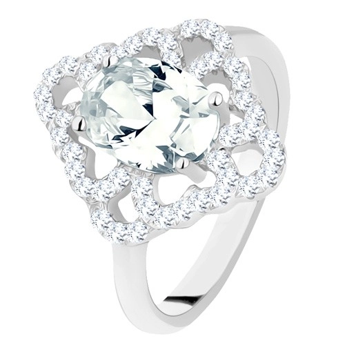 Prsten ze stříbra 925, blýskavý kosočtverec, obrysy srdcí, oválný čirý zirkon - Velikost: 56
