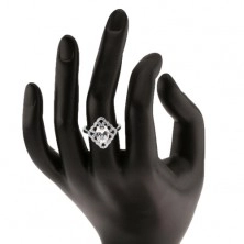 Prsten ze stříbra 925, blýskavý kosočtverec, obrysy srdcí, oválný čirý zirkon