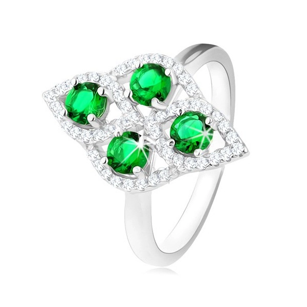 Stříbrný prsten 925, oblý kosočtverec, čtyři kulaté zelené zirkony, čirý lem