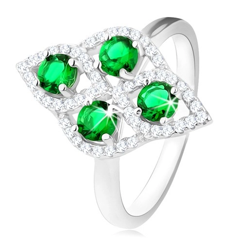 Stříbrný prsten 925, oblý kosočtverec, čtyři kulaté zelené zirkony, čirý lem - Velikost: 52