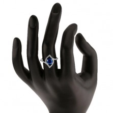Stříbrný 925 prsten, blýskavý obrys zrnka, kulatý modrý zirkon