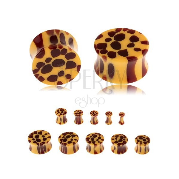 Sedlový plug do ucha z akrylu, žlutá barva, hnědé skvrny - leopardí vzor