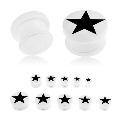 Akrylový plug bílé barvy do ucha, černá pěticípá hvězda, průhledná gumička - Tloušťka : 12 mm