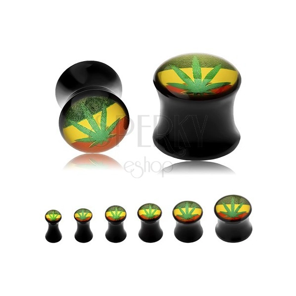 Černý sedlový plug do ucha, zelená marihuana s rasta barvami na pozadí