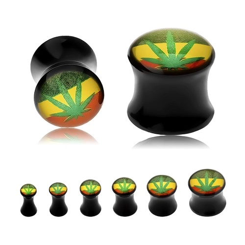 Černý sedlový plug do ucha, zelená marihuana s rasta barvami na pozadí - Tloušťka : 3 mm