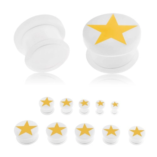 Plug do ucha z akrylu bílé barvy, žlutá pěticípá hvězda, gumička - Tloušťka : 6 mm 