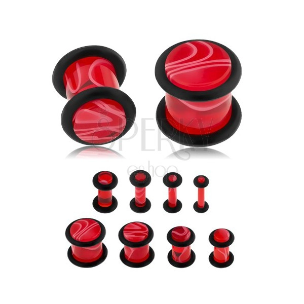 Akrylový plug do ucha, červená barva, mramorový vzor, černé gumičky