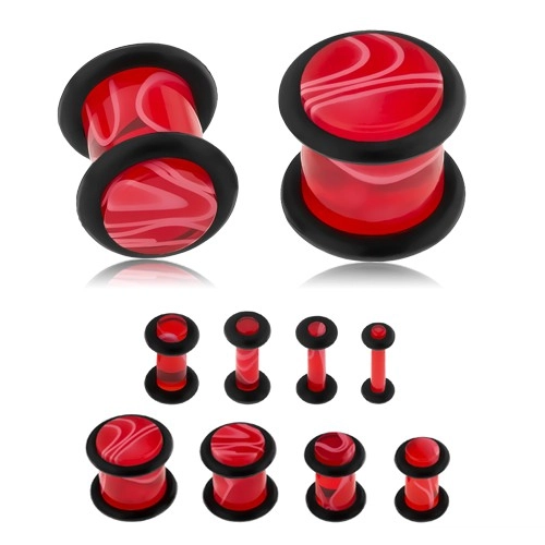 Akrylový plug do ucha, červená barva, mramorový vzor, černé gumičky - Tloušťka : 4 mm