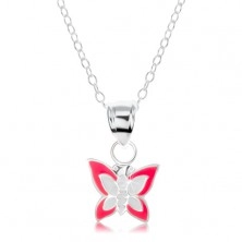 Náhrdelník, stříbro 925, řetízek a přívěsek, růžovo-bílý motýlek