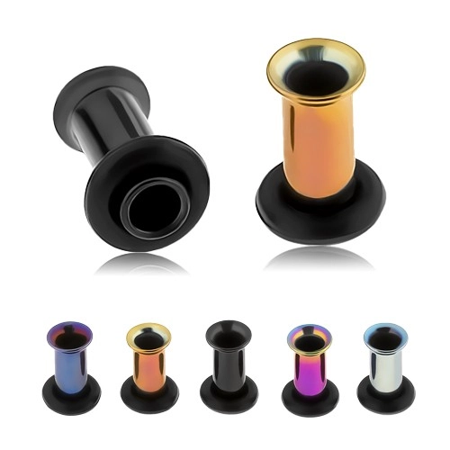 Anodizovaný titanový tunel do ucha, různé barvy, černá gumička - Tloušťka piercingu: 4 mm, Barva piercing: Duhová