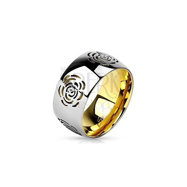 Široký prsten z oceli 316L, vysoký lesk, stříbrná barva, výřez - květ
