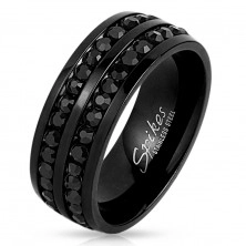Prsten z oceli 316L černé barvy, linie blýskavých černých zirkonků