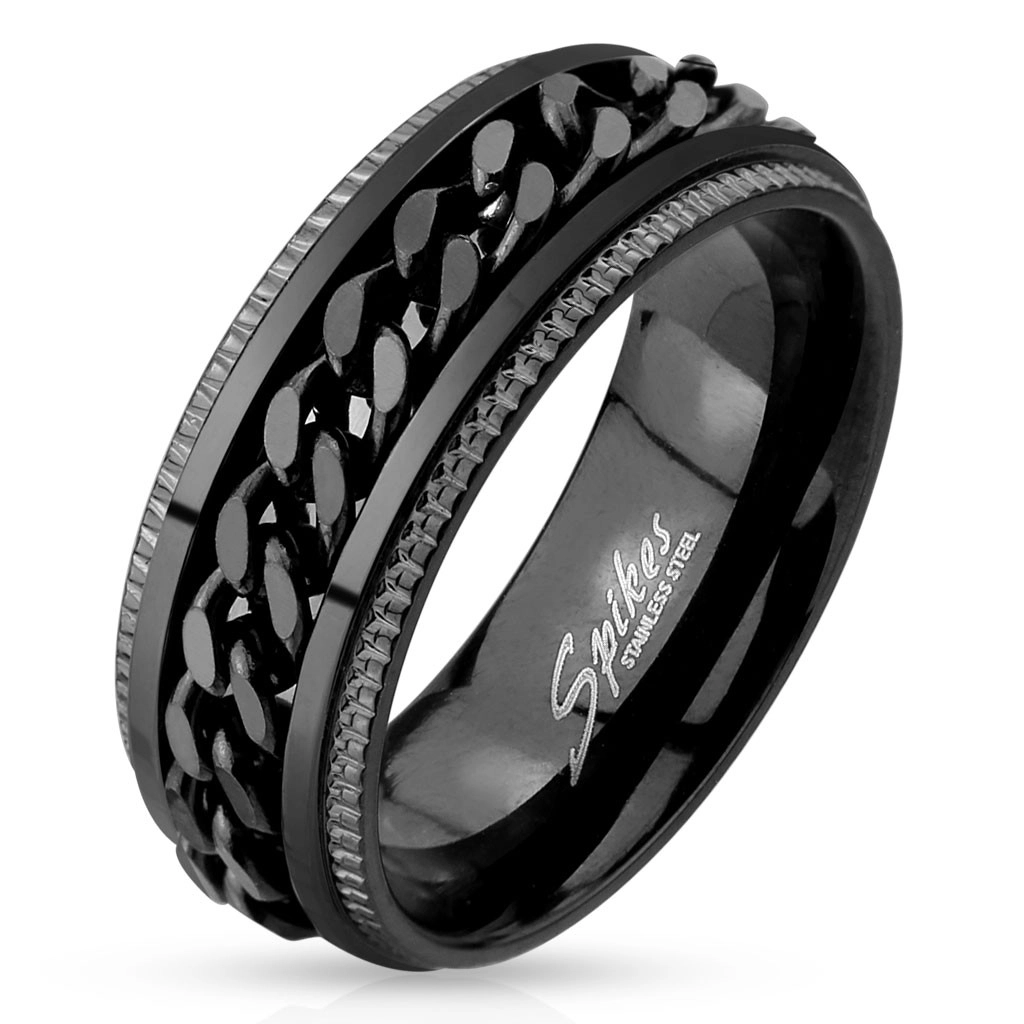 Ocelový prsten, černá barva, vroubkované okraje, řetízek uprostřed - Velikost: 72