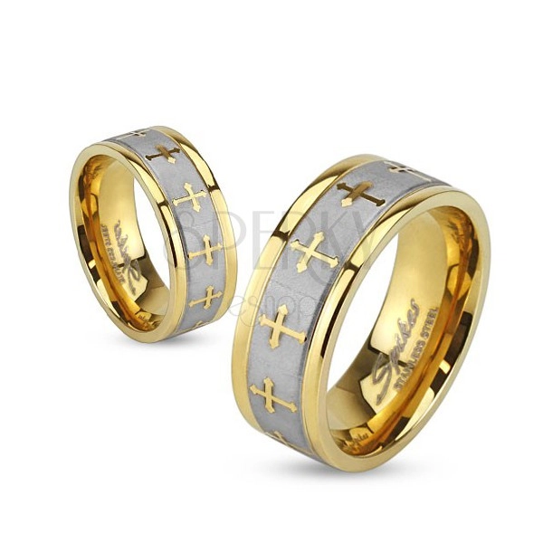 Ocelový prsten ve zlaté a stříbrné barvě, matný pás, křížky, 6 mm