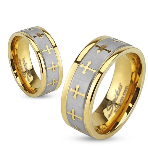 Ocelový prsten ve zlaté a stříbrné barvě, matný pás, křížky, 6 mm - Velikost: 51
