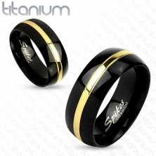 Dvoubarevný prsten z titanu, černý oblý povrch, pás zlaté barvy, 6 mm