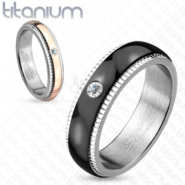 Prsten z titanu, stříbrná barva, černý pás se zirkonem, vroubky, 6 mm