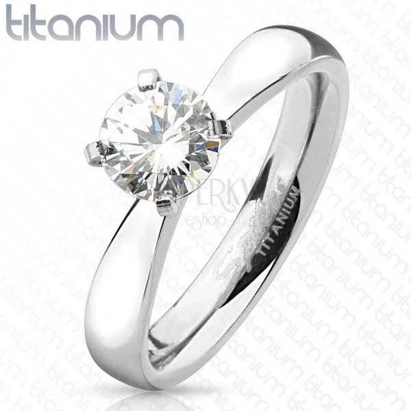 Zásnubní prsten z titanu, stříbrná barva, kulatý čirý zirkon, lesklá ramena