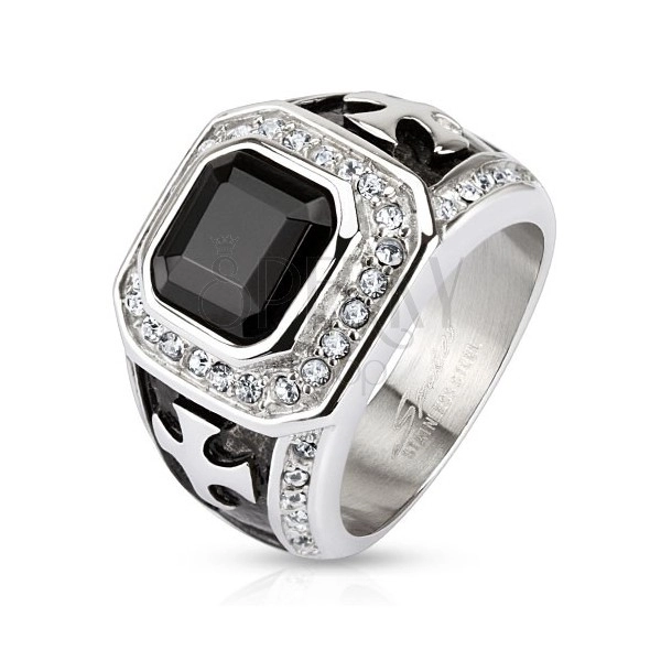 Mohutný prsten z chirurgické oceli, černý zirkonový čtverec, čiré linie, kříže