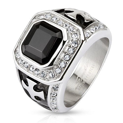 Mohutný prsten z chirurgické oceli, černý zirkonový čtverec, čiré linie, kříže - Velikost: 70