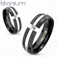 Černý titanový prsten, zaoblený povrch, pás stříbrné barvy, zirkon, 6 mm