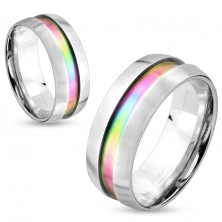Ocelový prsten stříbrné barvy, duhový proužek, vyvýšené okraje, 8 mm