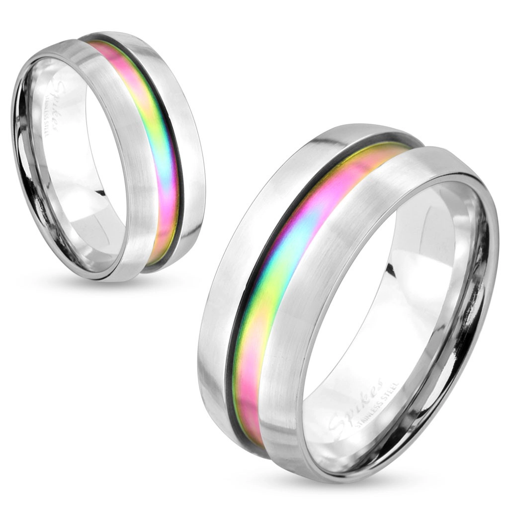 Ocelový prsten stříbrné barvy, duhový proužek, vyvýšené okraje, 8 mm - Velikost: 67