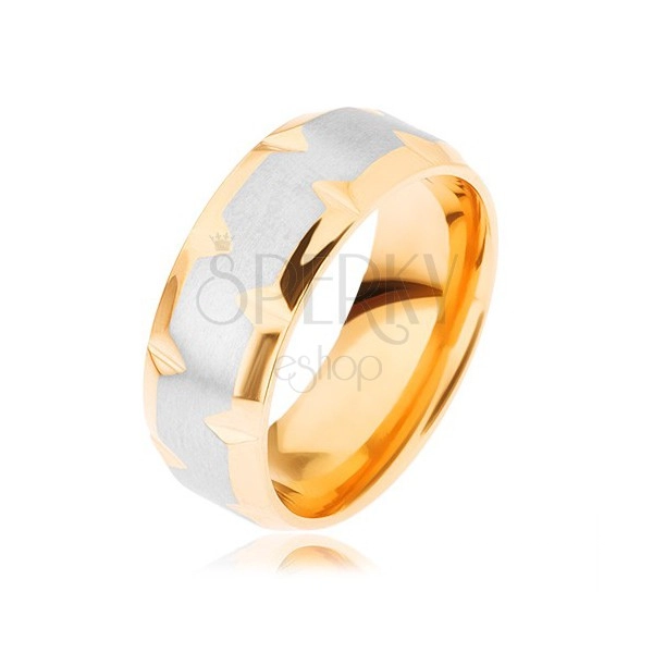 Prsten z chirurgické oceli, dvoubarevný - zlatý a stříbrný odstín, zářezy