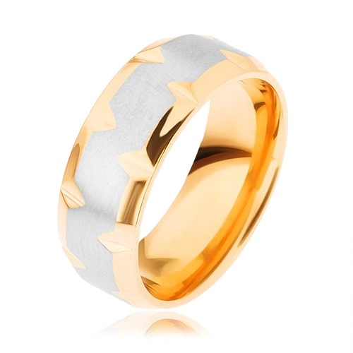 Prsten z chirurgické oceli, dvoubarevný - zlatý a stříbrný odstín, zářezy - Velikost: 72