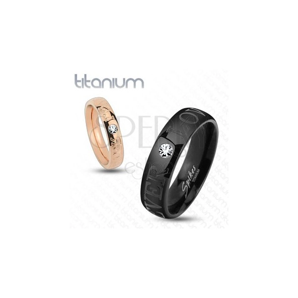 Černý prsten z titanu, blýskavý čirý zirkonek, nápis FOREVER LOVE, 6 mm