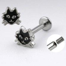 Ocelový labret stříbrné barvy - kočka s černou glazurou