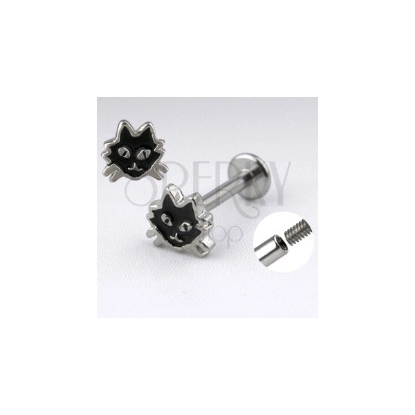 Ocelový labret stříbrné barvy - kočka s černou glazurou