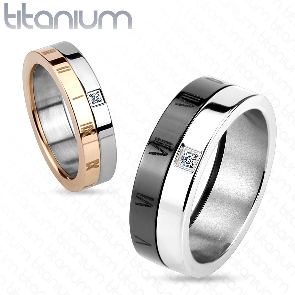 Prsten z titanu, černá a stříbrná barva, římské číslice, zirkon, 7 mm - Velikost: 61