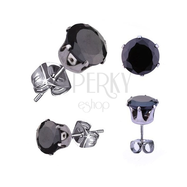 Puzetové náušnice z chirurgické oceli, černý kulatý zirkon, 8 mm