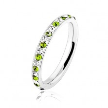 Ocelový prsten stříbrné barvy, čiré a světle zelené zirkonky