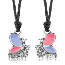 Dva náhrdelníky pro přátele, růžovo-fialoví motýli, kvítky, BEST FRIEND