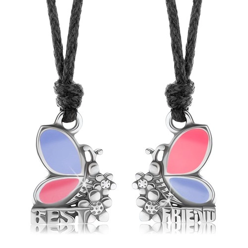 Levně Dva náhrdelníky pro přátele, růžovo-fialoví motýli, kvítky, BEST FRIEND