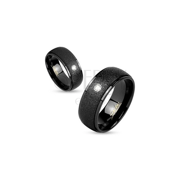 Černý ocelový prsten, blýskavý pískovaný povrch, čirý zirkonek, 6 mm