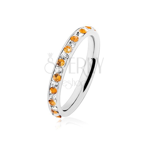 Ocelový prsten stříbrné barvy, čiré a oranžové zirkonky, bílá glazura
