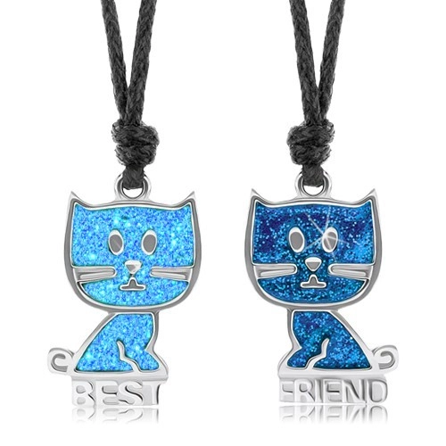 Levně Šňůrkové náhrdelníky, modré kočičky, glazura, nápis BEST FRIEND