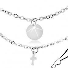 Ocelový řetízek na kotník, stříbrná barva, přívěsky - ploché kruhy a kříže